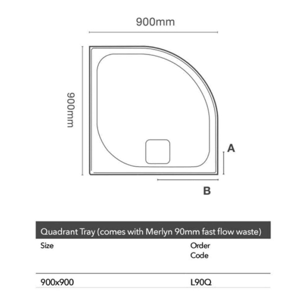 Elegant quadrant shower tray with a square drain, designed for modern bathrooms, measuring 900mm x 900mm, featuring efficient drainage and easy installation.