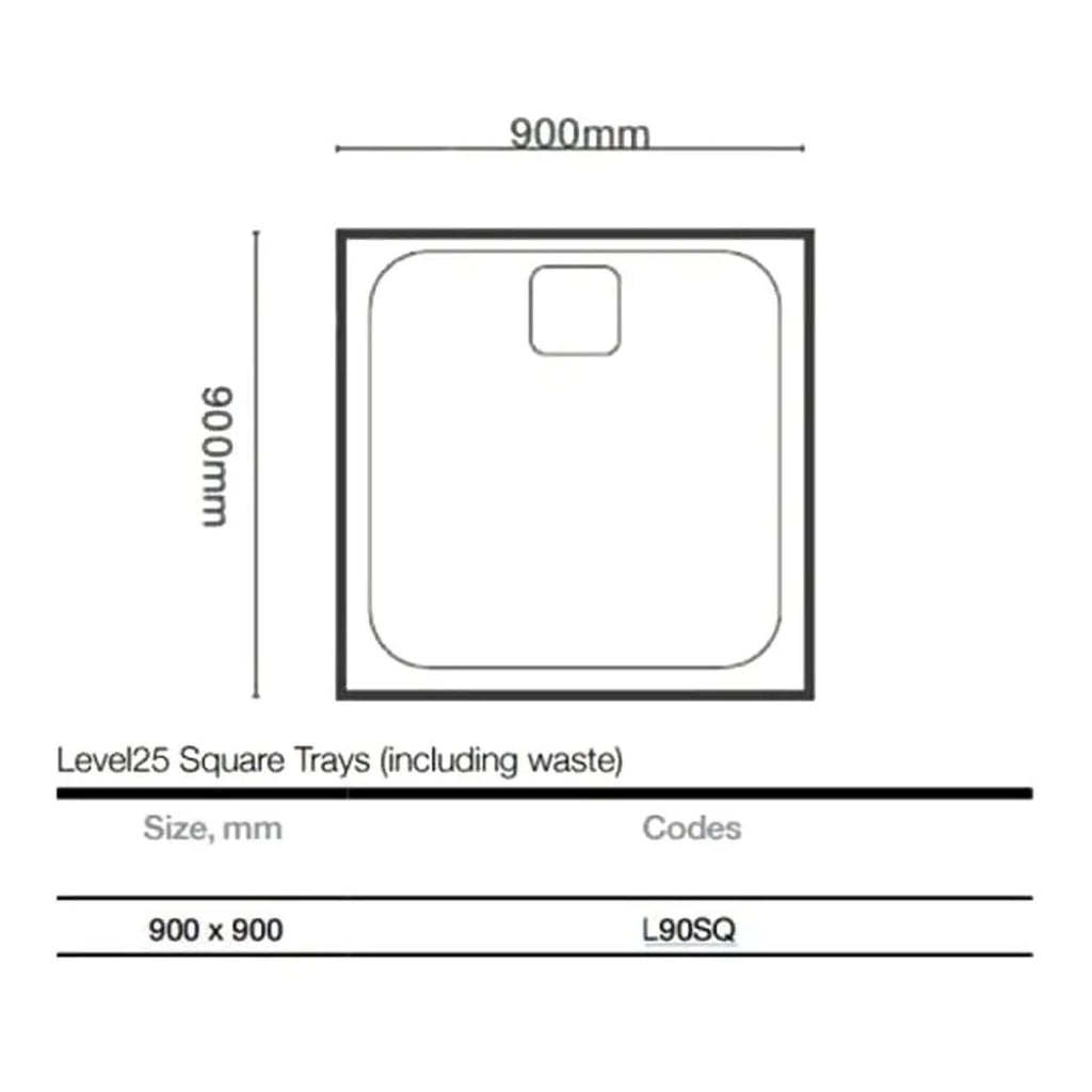 900mm x 900mm square shower tray with level 25 design, including waste outlet, ideal for modern bathrooms. Easy to install, durable, and perfect for accessible shower spaces.