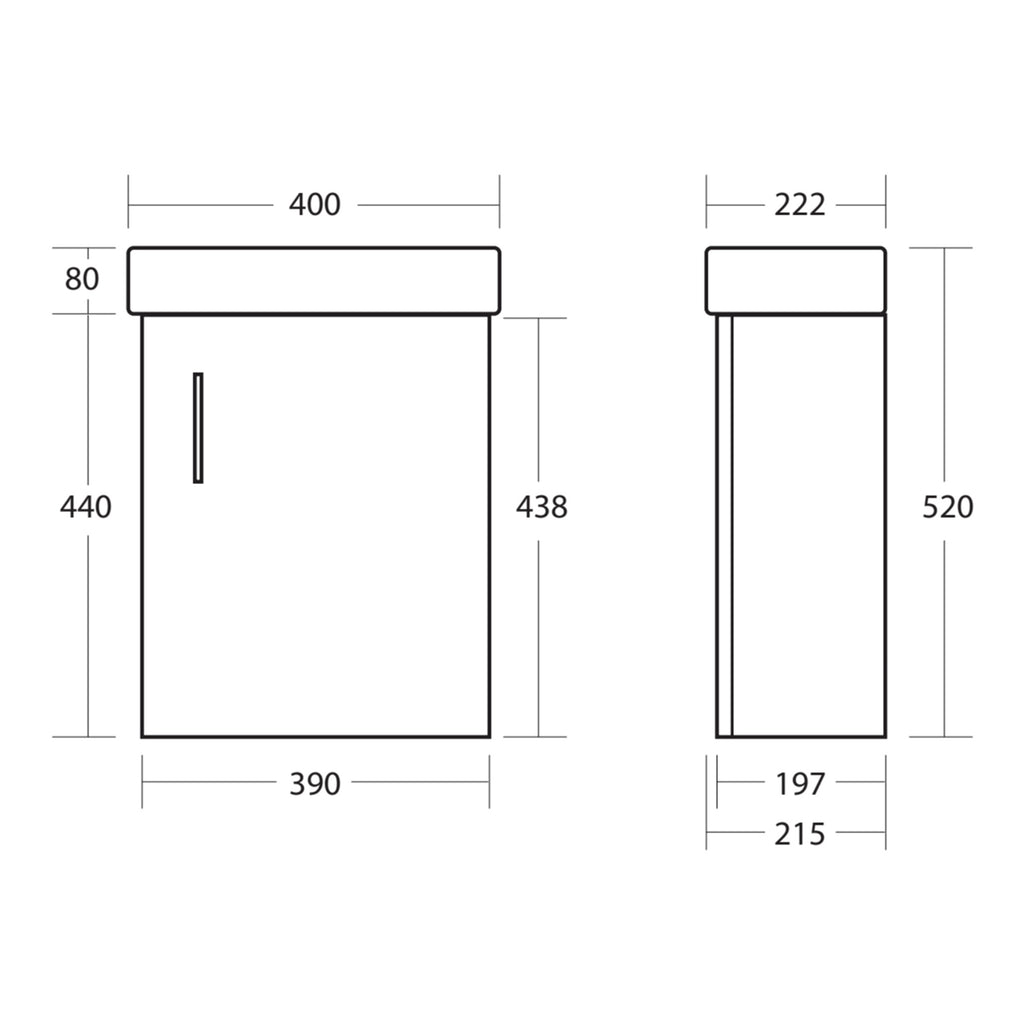 Scudo Lanza 400mm Wall Hung Cloakroom Vanity Unit With Basin - technical drawing with dimensions