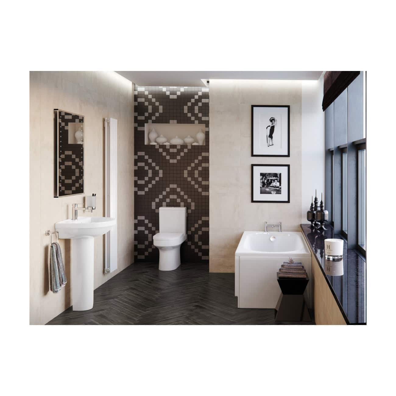 Modern bathroom with a white toilet, bathtub, pedestal sink, black accents, decorative black vases, framed black and white artwork, and large windows with black window frames, featuring contemporary design and natural light.