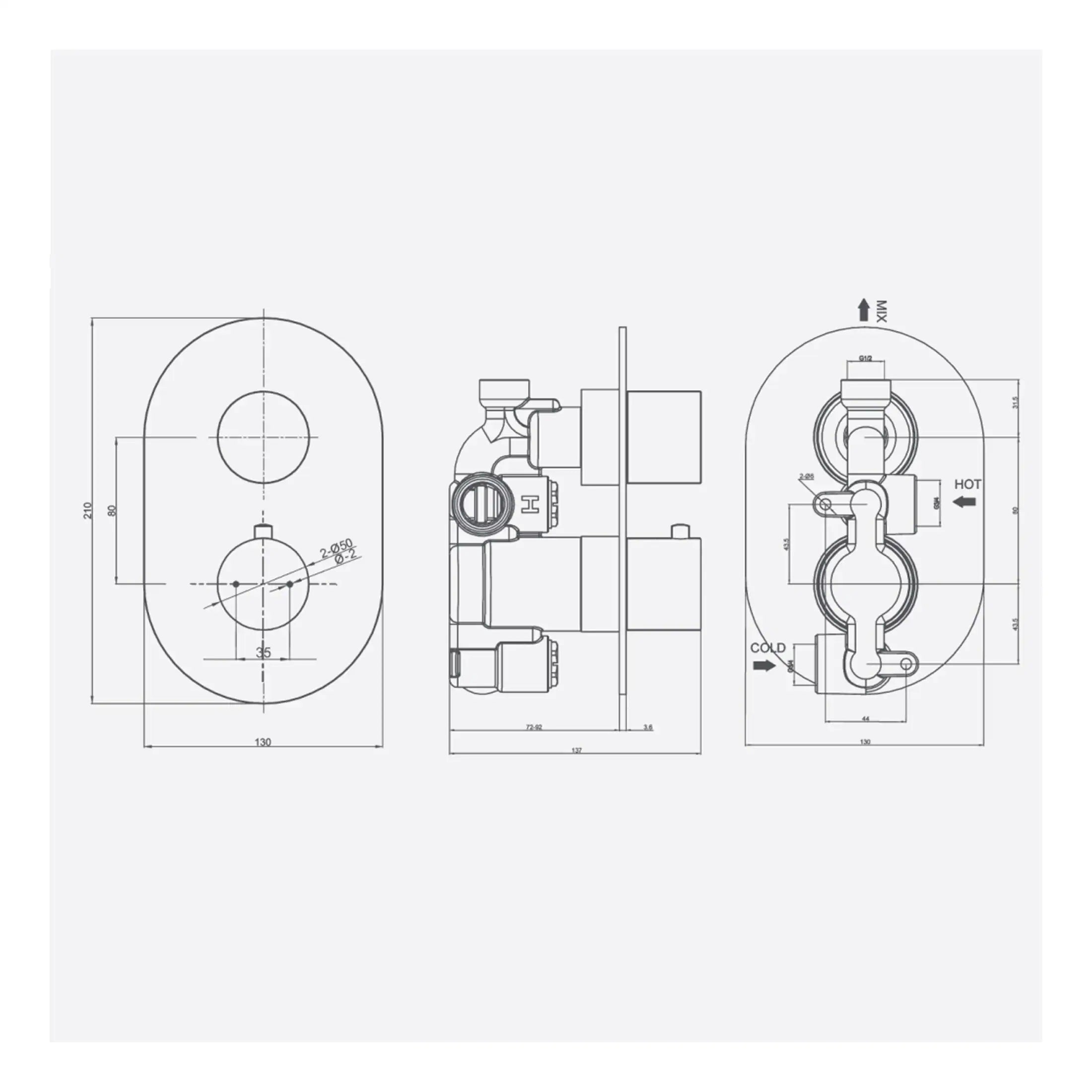High-quality bathroom valve technical drawing with detailed measurements for Bubly Bathrooms. Perfect for plumbing and bathroom renovation projects.