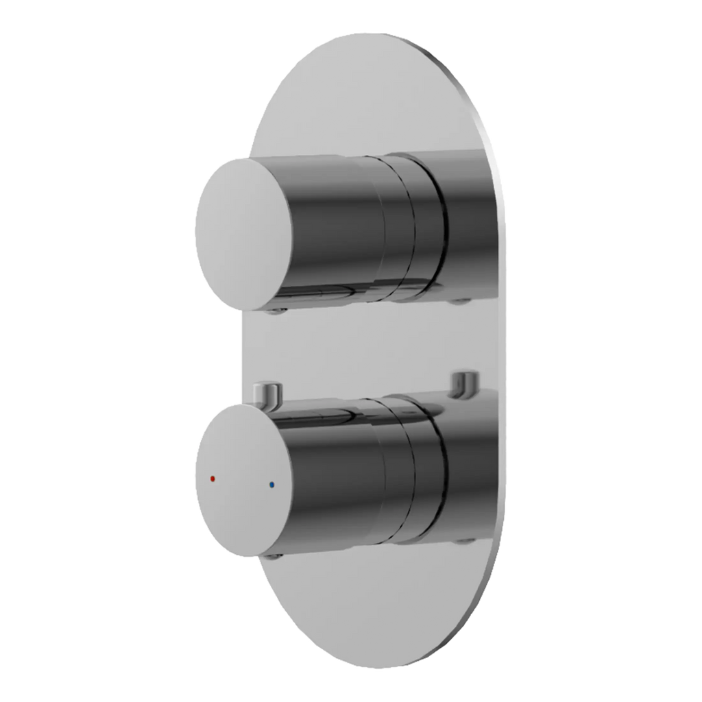 Polished chrome thermostatic shower control panel with dual temperature and flow controls for modern bathroom upgrades.