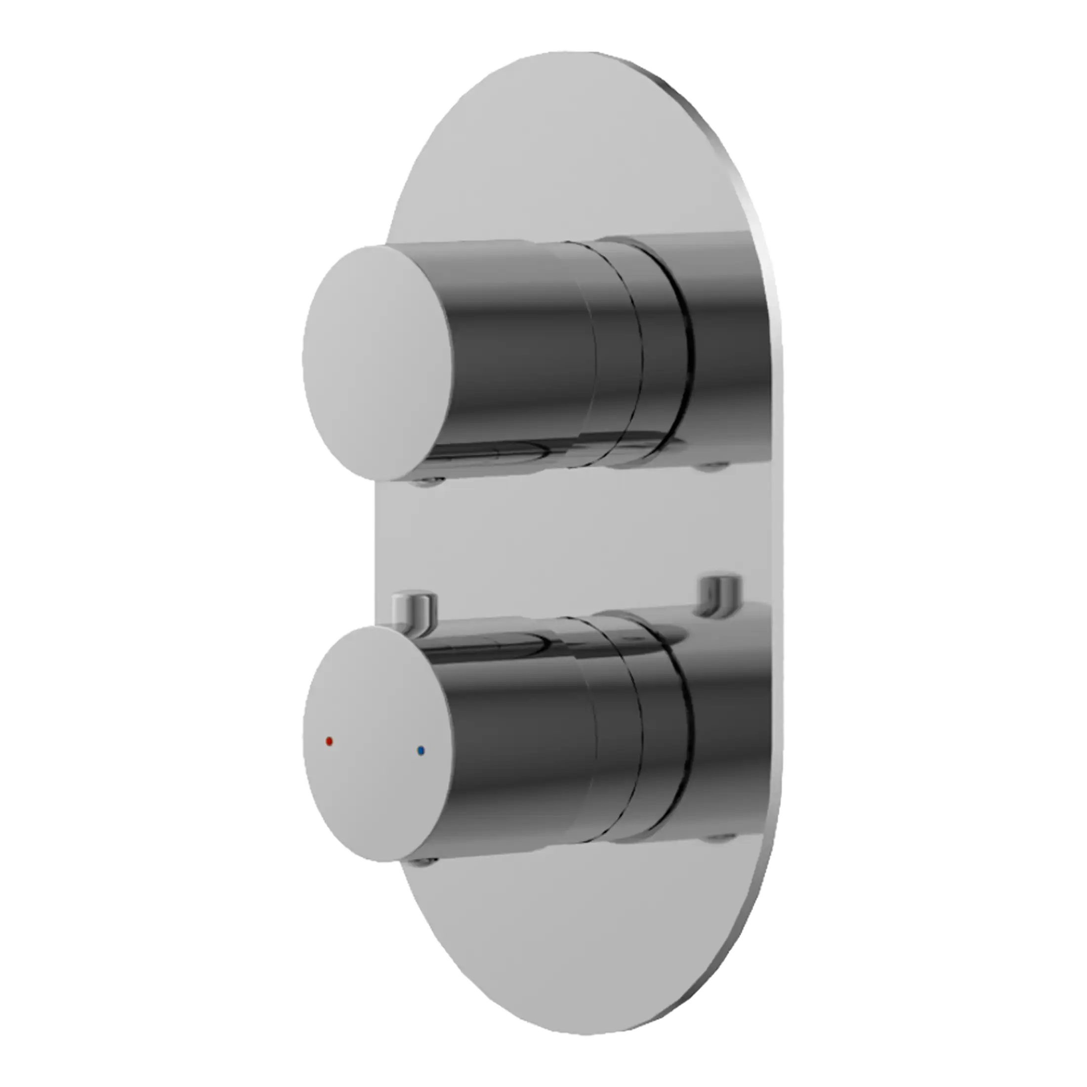 Polished chrome thermostatic shower control panel with dual temperature and flow controls for modern bathroom upgrades.