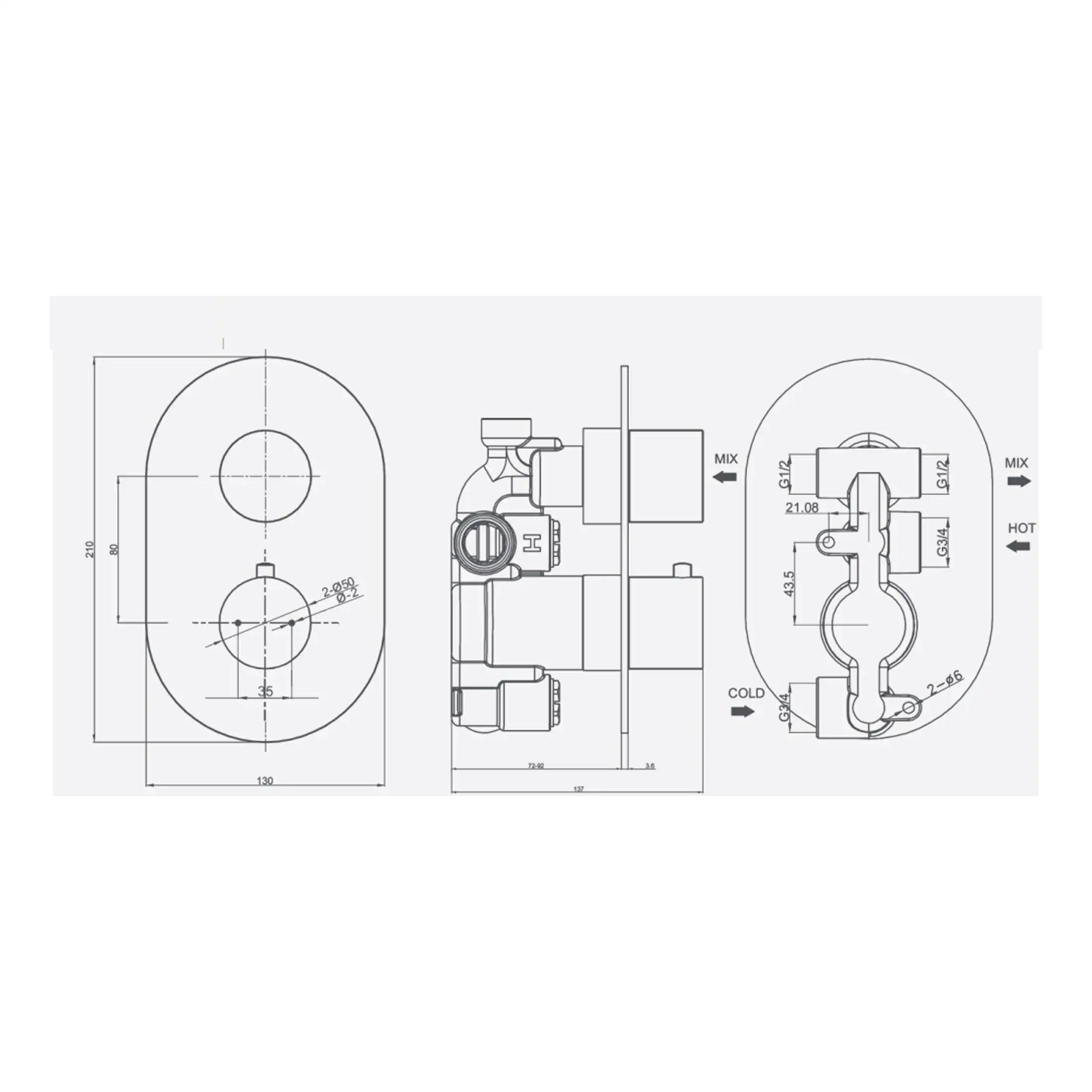 Technical plumbing diagram of Bubly Bathrooms shower valve and fittings, showcasing precise measurements and installation details for customised bathroom designs.