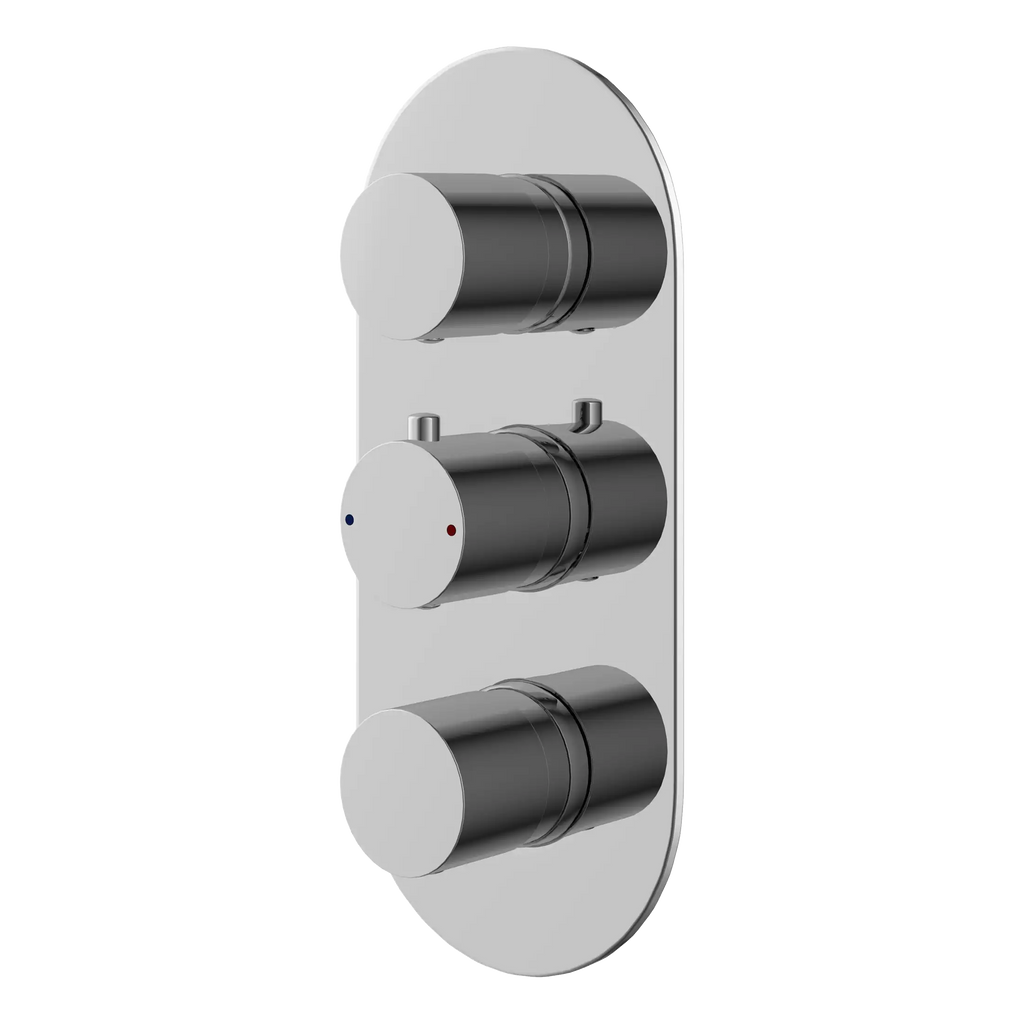 Sleek modern shower thermostat with adjustable temperature control and dual control dials, ideal for luxury bathrooms and complete shower systems.