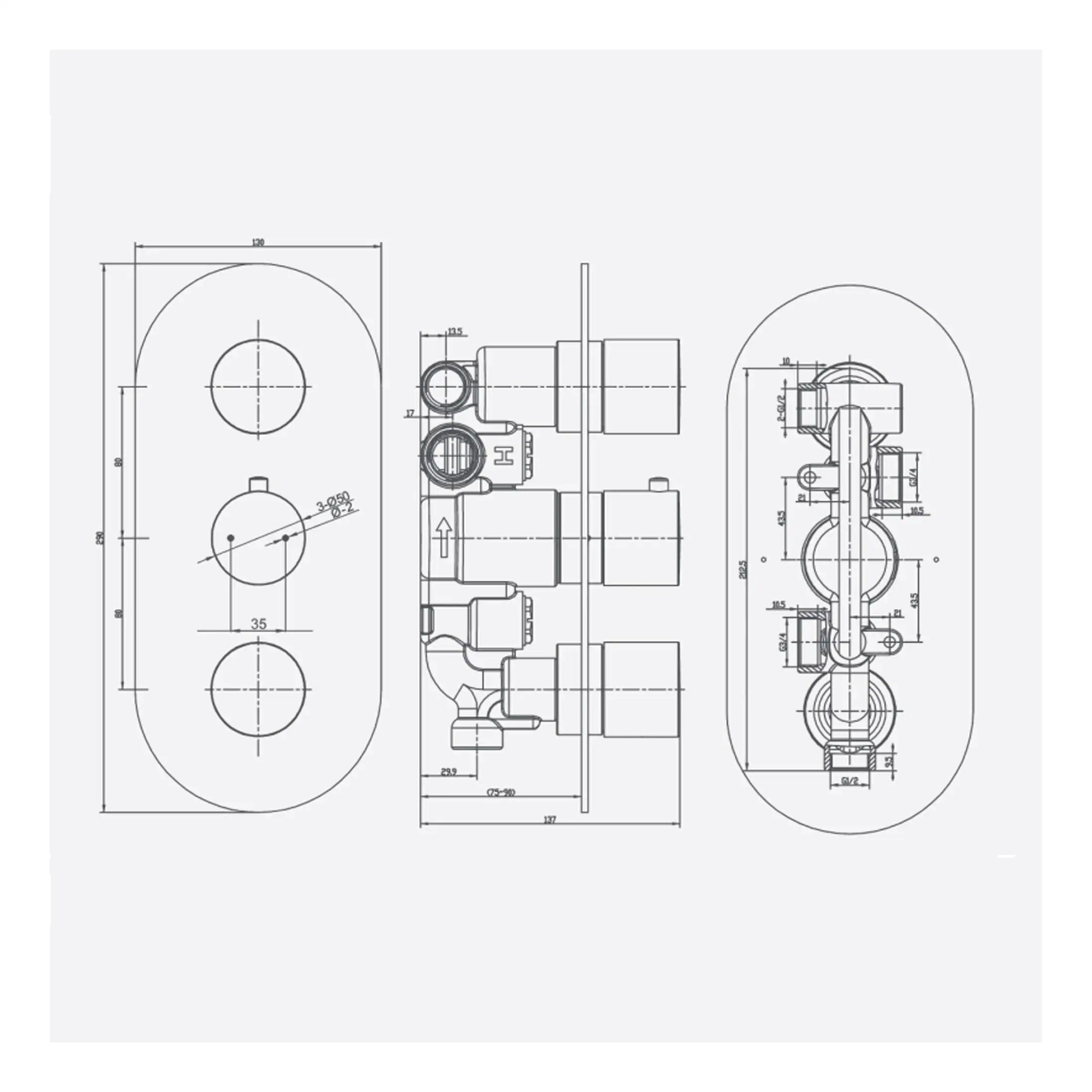 Precision technical drawing of Bubly Bathrooms plumbing valve and fittings, showcasing detailed dimensions, interfaces, and assembly components for bathroom plumbing installations.