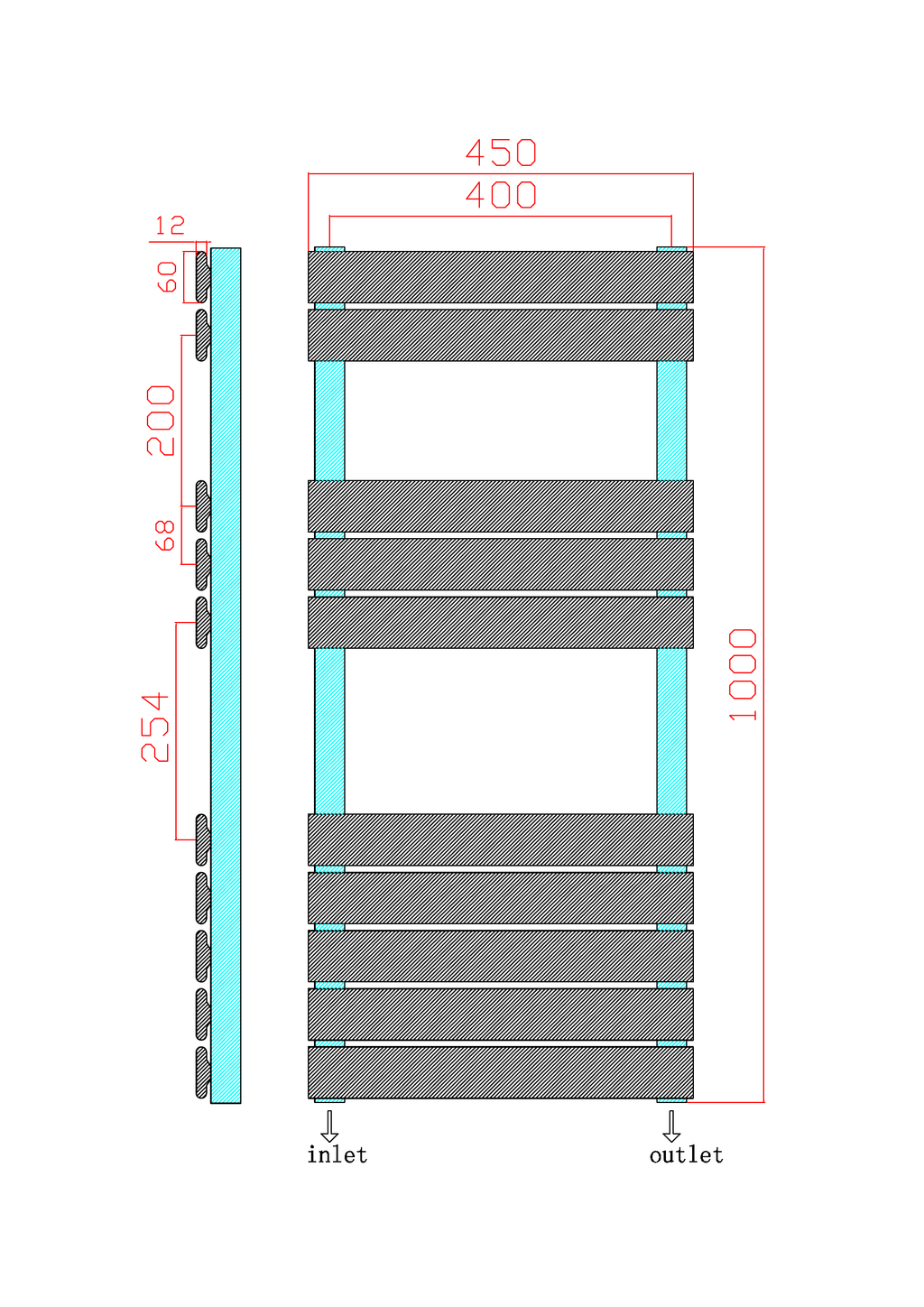 Scudo Life Flat Panel Heated Towel Rail - technical drawing with dimensions