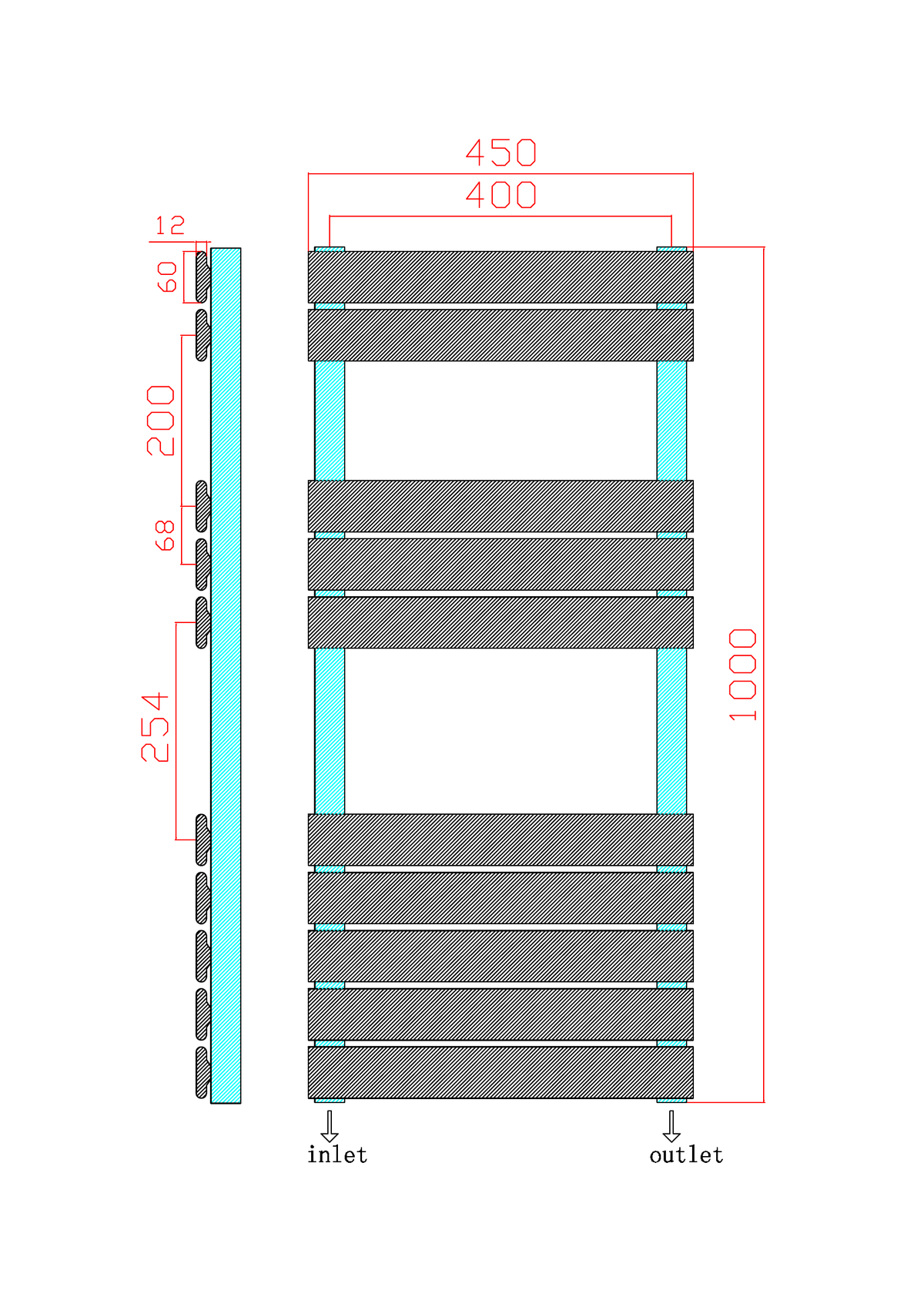 Scudo Life Flat Panel Heated Towel Rail - technical drawing with dimensions
