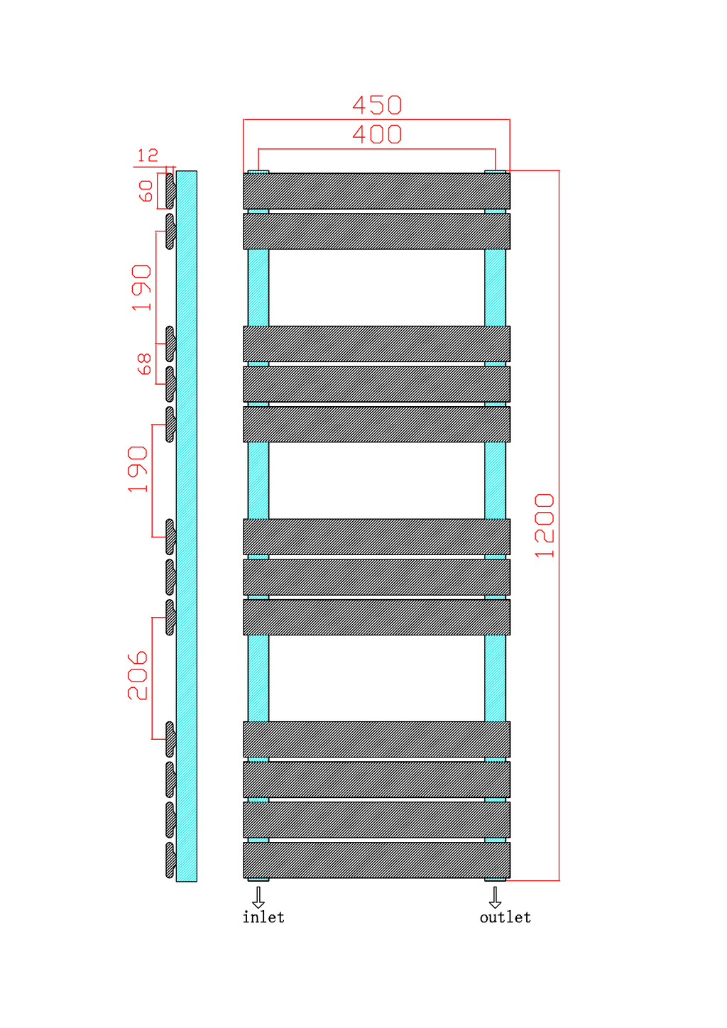 Scudo Life Flat Panel Heated Towel Rail - technical drawing with dimensions