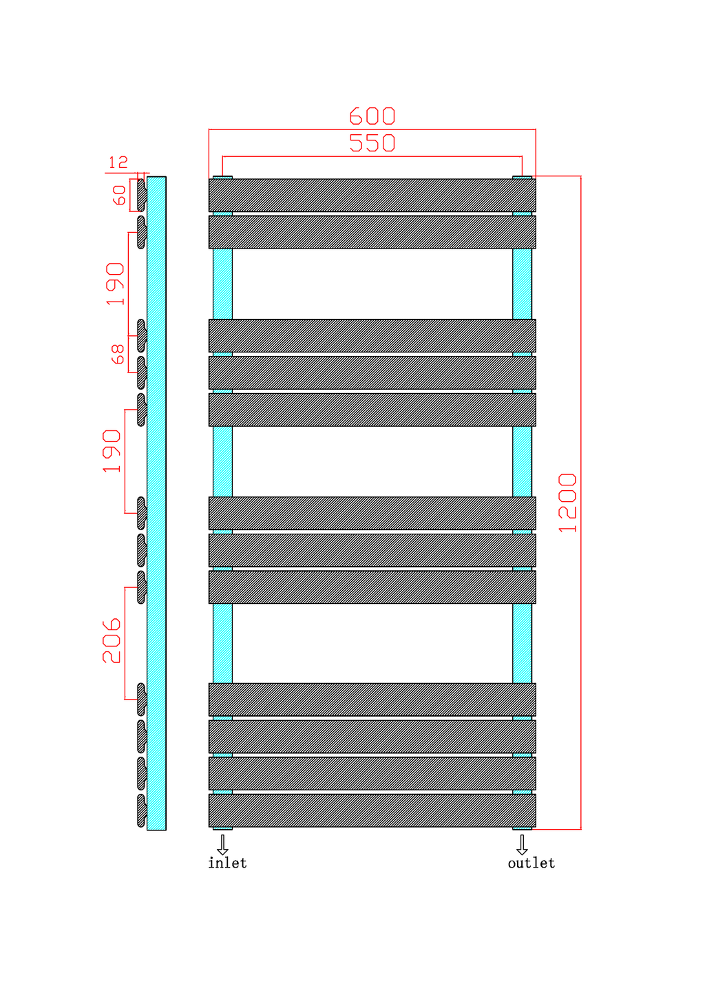 Scudo Life Flat Panel Heated Towel Rail - technical drawing with dimensions
