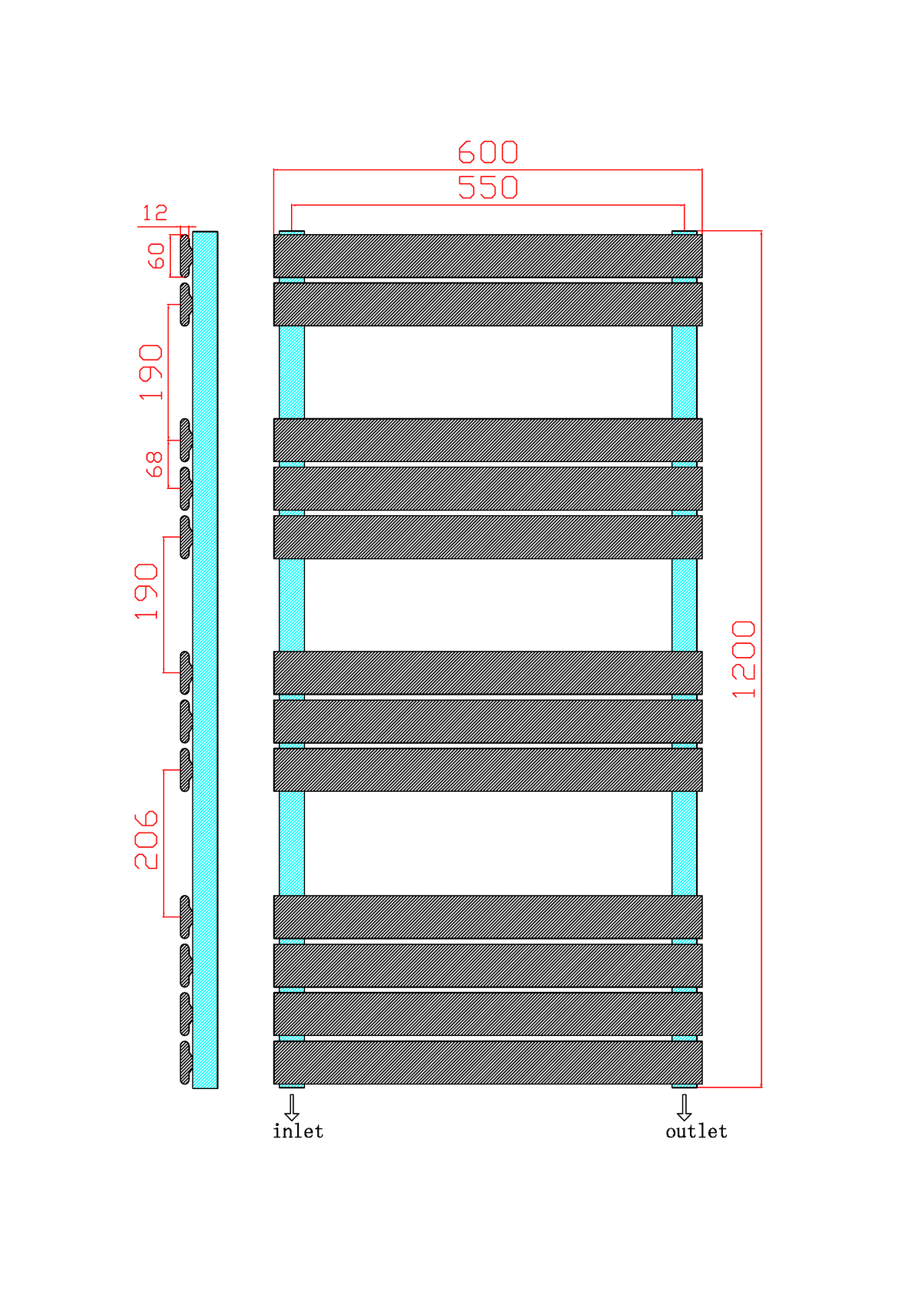 Scudo Life Flat Panel Heated Towel Rail - technical drawing with dimensions