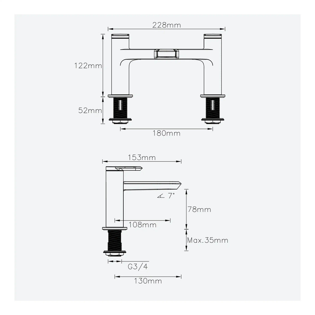 High-quality technical drawing of a modern bathroom tap with detailed dimensions for installation and design. Suitable for bathroom renovation or plumbing projects showcasing product specifications.