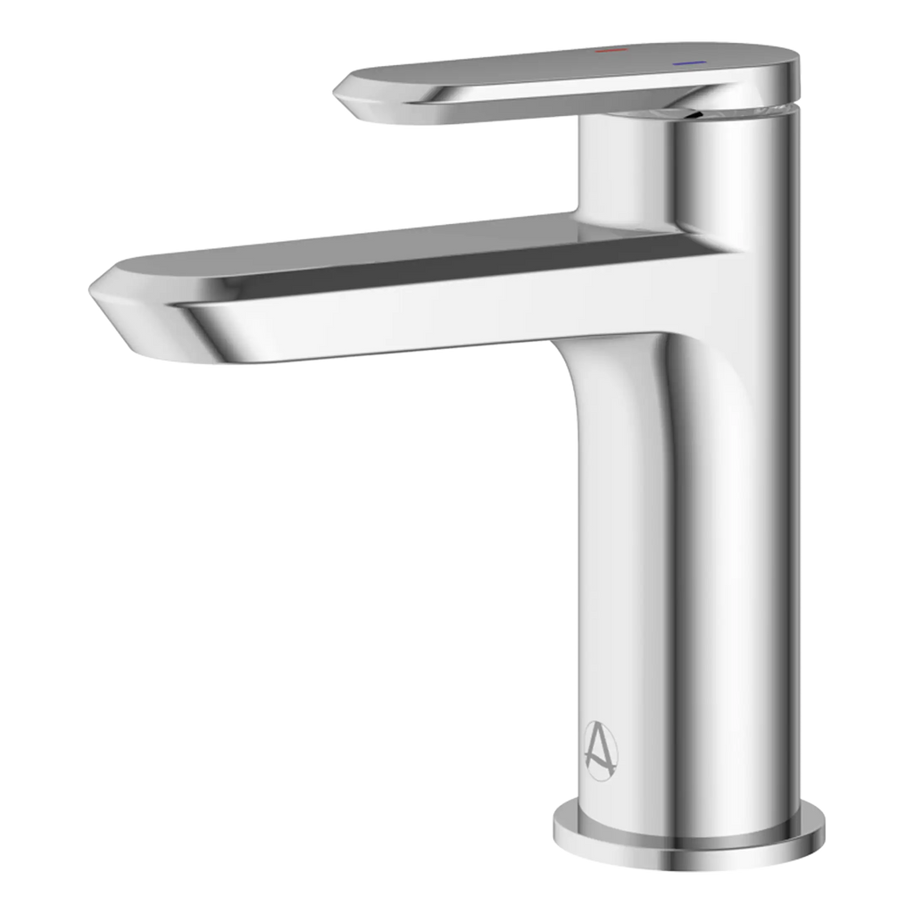 Sleek silver bathroom sink faucet with modern design and touchless operation, ideal for contemporary bathroom decor.