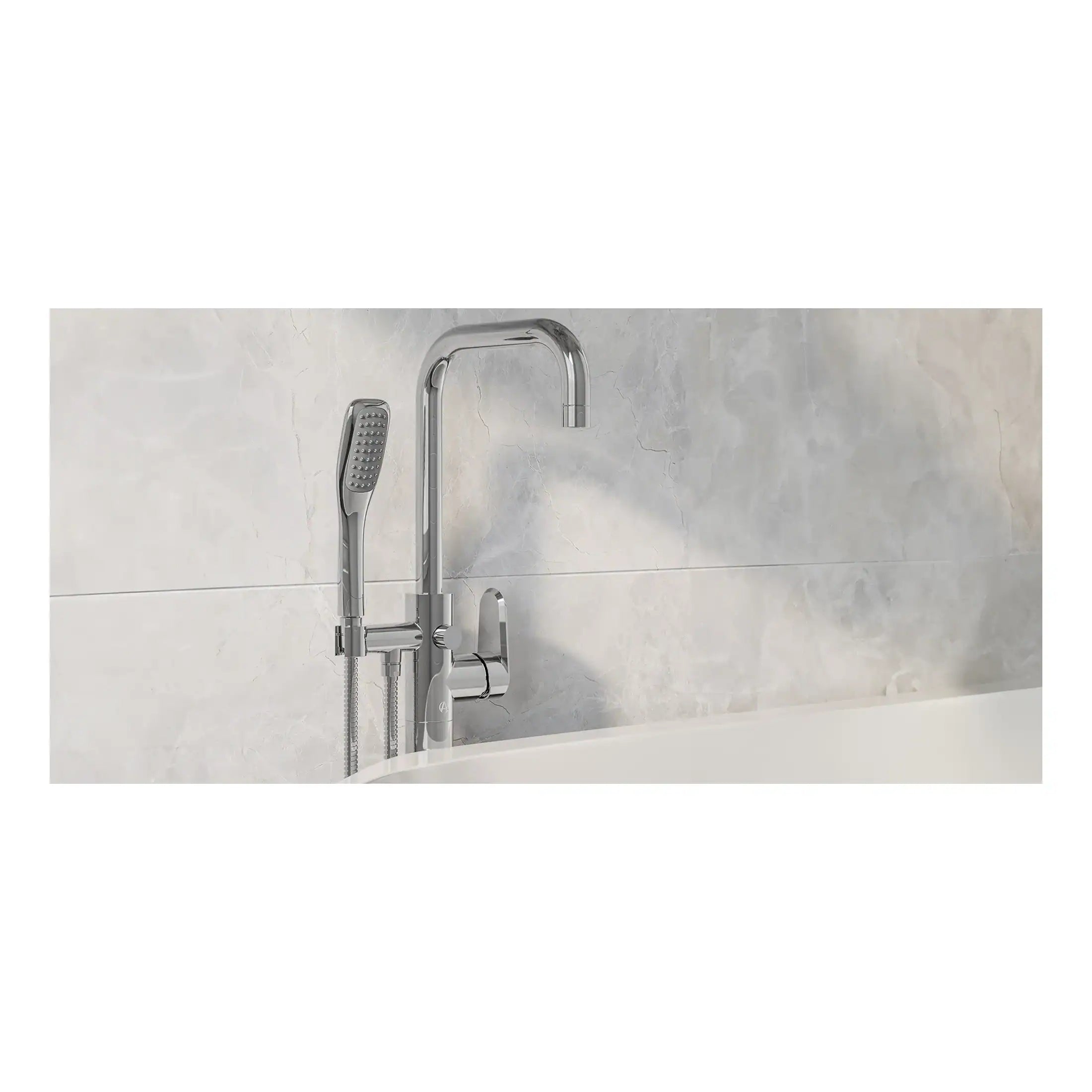 Sleek modern chrome bathtub filler and handheld shower head with a wall-mounted design, set against a polished marble wall, delivering luxury and functionality in contemporary bathroom décor.