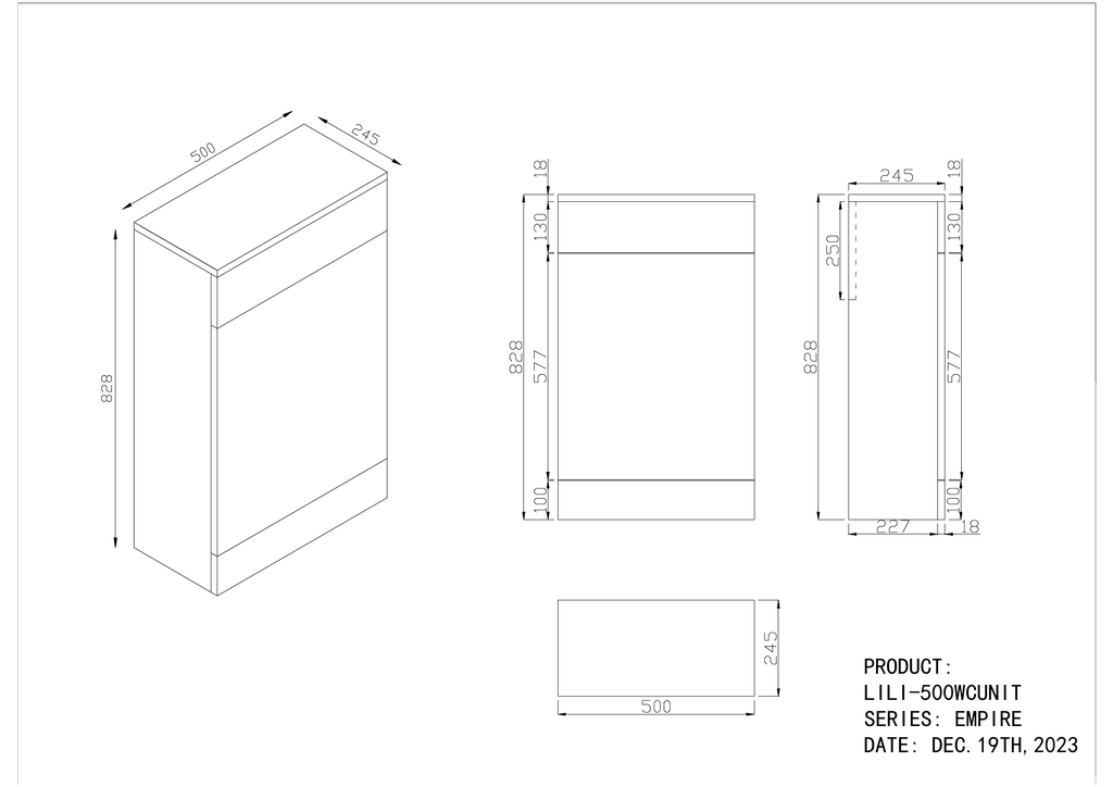 Scudo Empire 500mm Floor standing WC Unit - technical drawing with dimensions