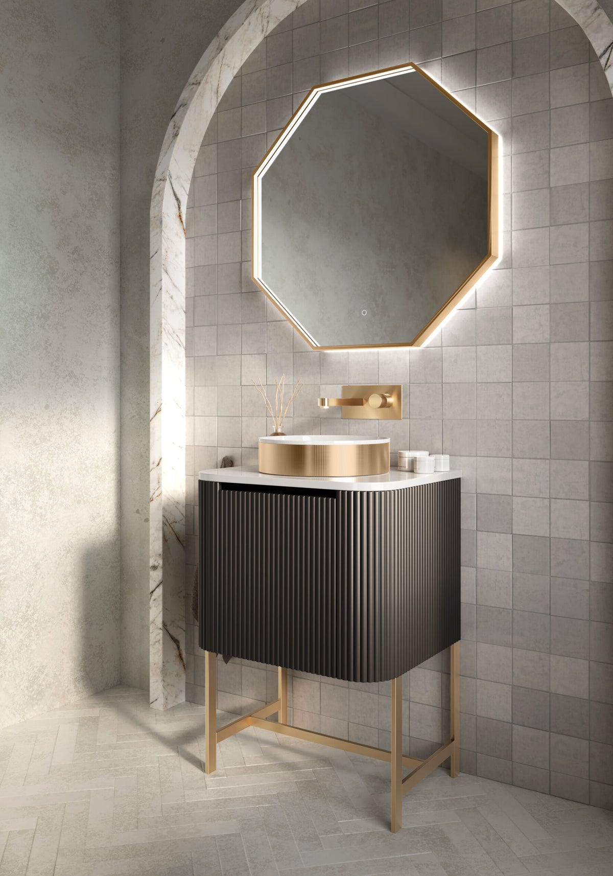Scudo Linea Curve 600mm Fluted Vanity Unit With Basin