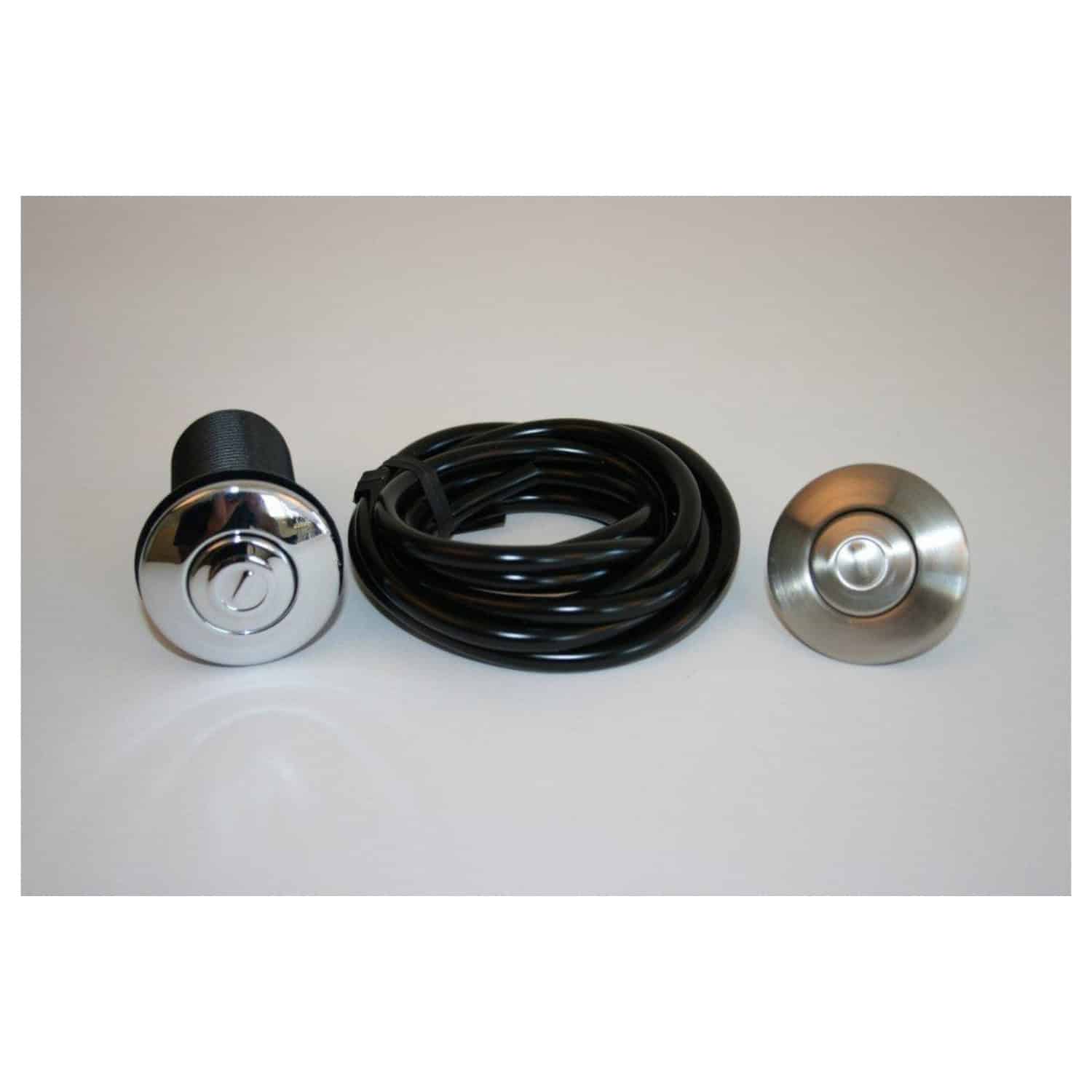 Chrome bathroom button with black cable for Bubly bathrooms installation, stainless steel flush buttons, modern plumbing components for WC cisterns.