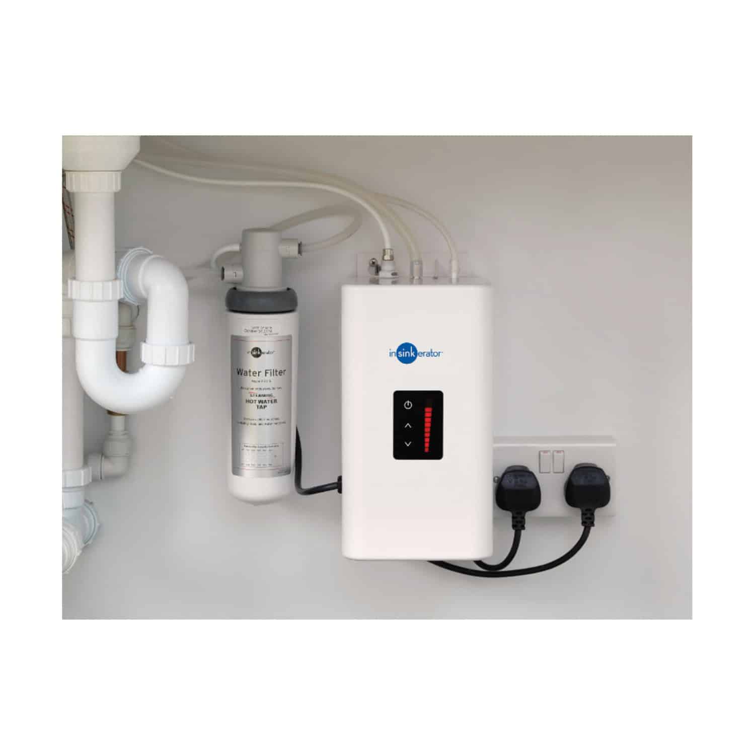 Water filtration system and electrical connections underneath a bathroom sink, featuring a water filter and instant hot water heater for premium bathroom comfort and functionality.