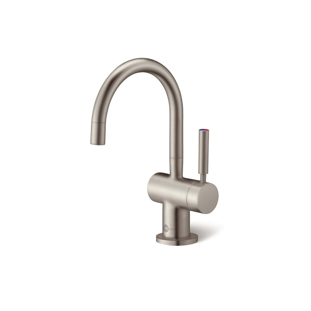 Brushed stainless steel kitchen faucet with modern single-handle design, ideal for contemporary bathrooms and kitchens, featuring durable construction and easy-to-use lever for precise water control.