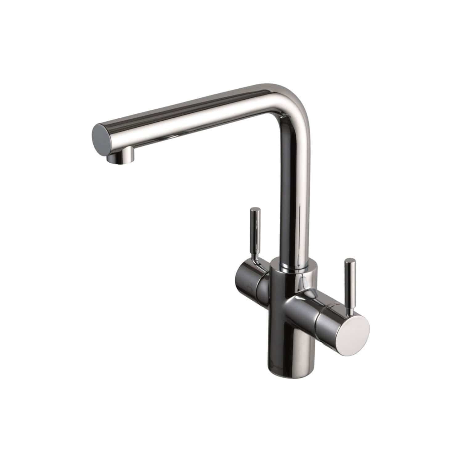 Sleek stainless steel kitchen mixer tap with modern lever handles for hot and cold water. Ideal for contemporary bathroom or kitchen renovations, combining style and functionality.