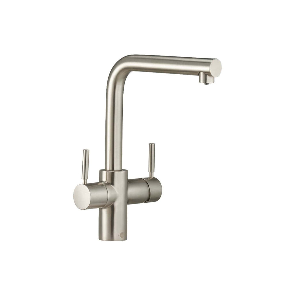 Sleek stainless steel kitchen tap with dual handles, modern design, suitable for contemporary Bubly Bathrooms. Perfect for kitchen sinks, combining style with durability.
