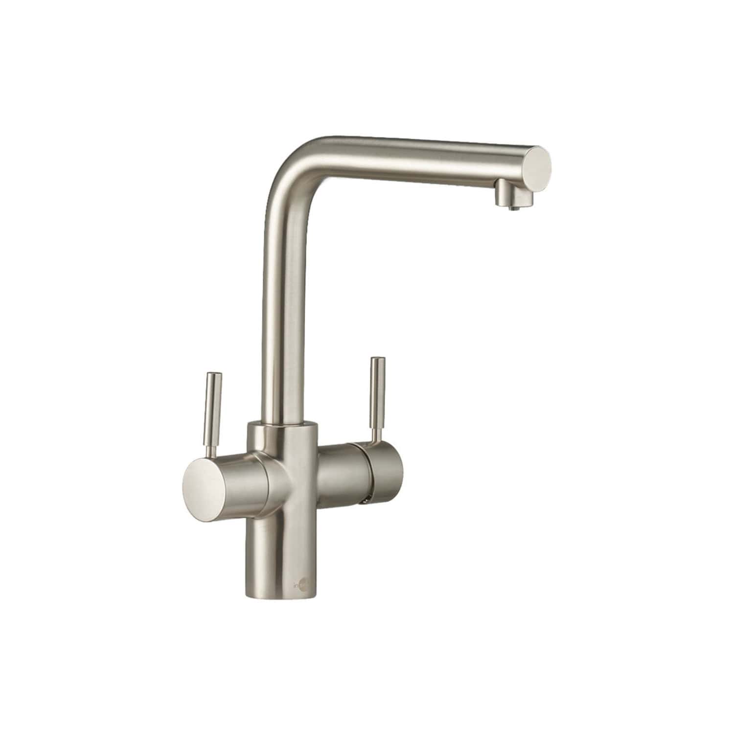 Sleek stainless steel kitchen tap with dual handles, modern design, suitable for contemporary Bubly Bathrooms. Perfect for kitchen sinks, combining style with durability.