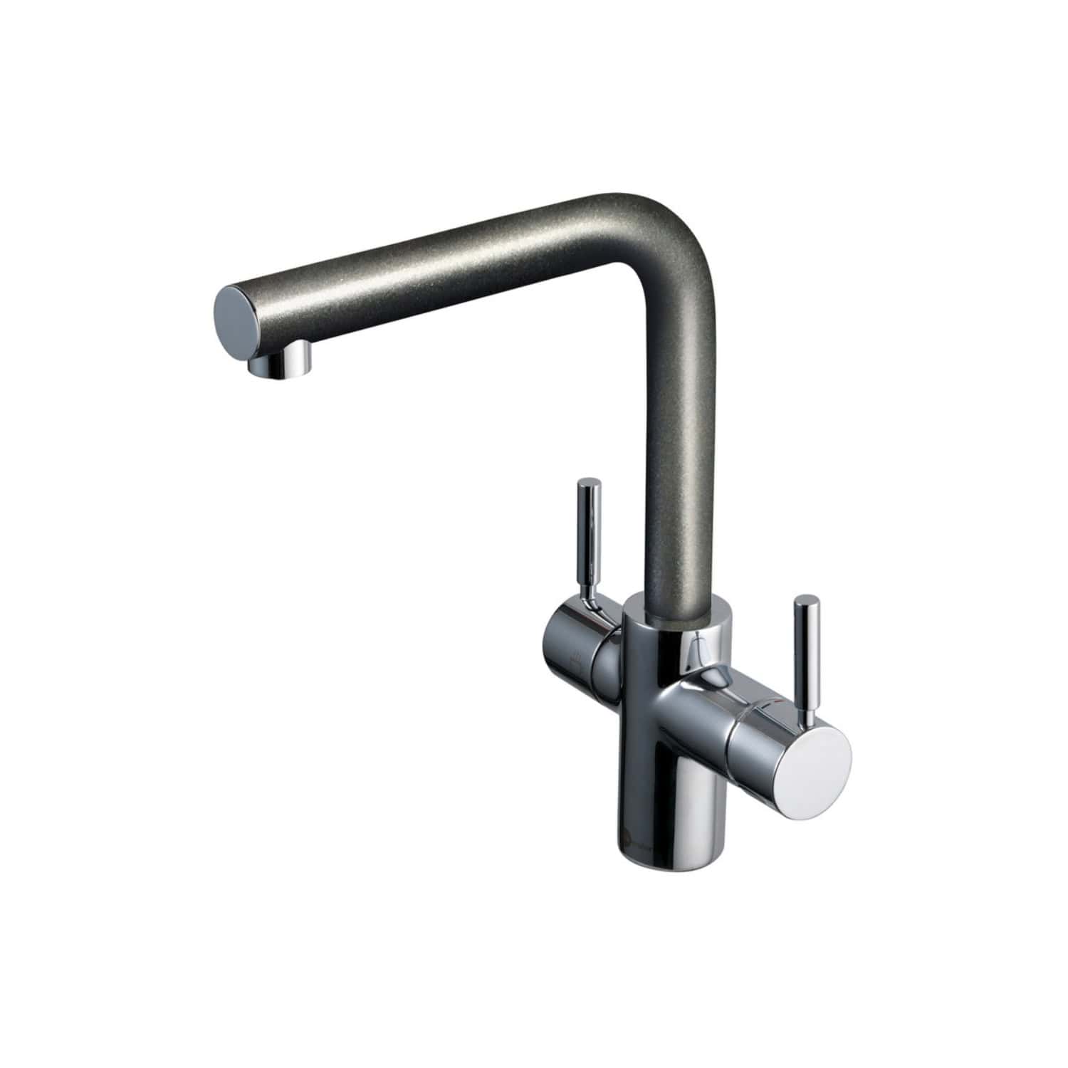 Sleek modern stainless steel kitchen tap with dual levers, perfect for contemporary bathroom or kitchen upgrades. Durable design with easy-to-use control handles for precise water flow.