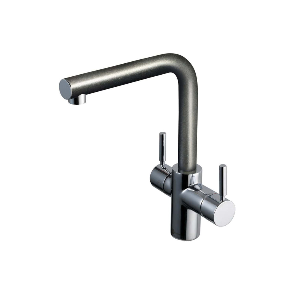Sleek modern stainless steel kitchen tap with dual levers, perfect for contemporary bathroom or kitchen upgrades. Durable design with easy-to-use control handles for precise water flow.