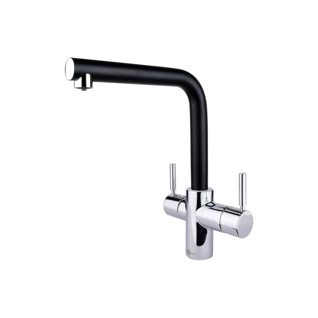 Modern black and chrome kitchen tap with dual handles, perfect for contemporary bathroom or kitchen installation. Durable and stylish design suitable for upgrade projects.