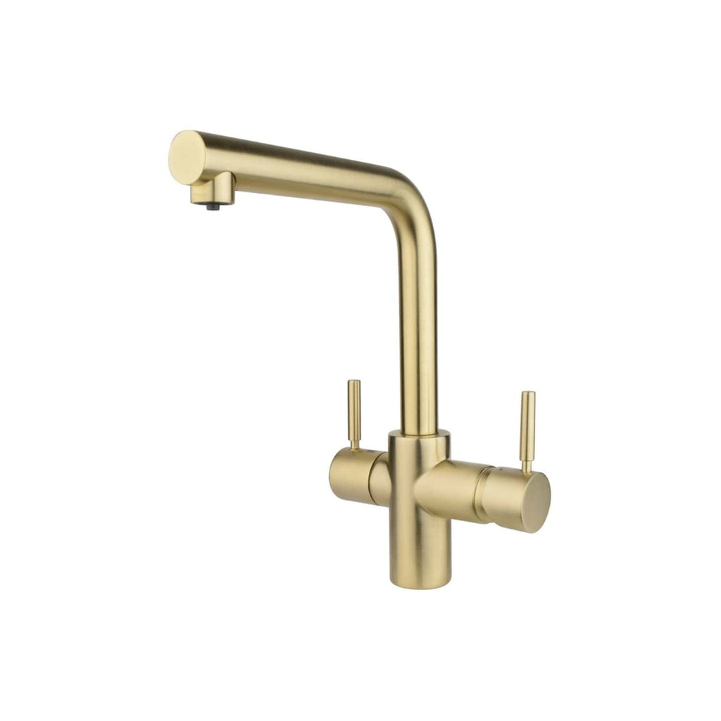 Brass kitchen sink mixer tap with dual handles, modern and stylish design, perfect for contemporary bathrooms and kitchens. High-quality finish, easy to install, durable and reliable plumbing fixture for home improvement.