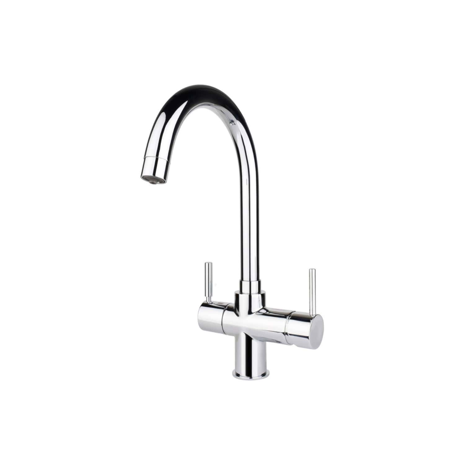 Shiny chrome kitchen tap with dual lever handles and high-arc spout, ideal for modern bathrooms and kitchens, providing easy temperature control and a sleek, contemporary look.
