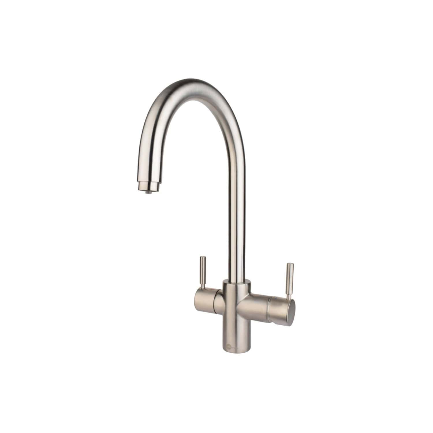 Sleek stainless steel kitchen tap with high curved spout and dual lever handles, designed for modern bathroom or kitchen installations, offering durability and style.