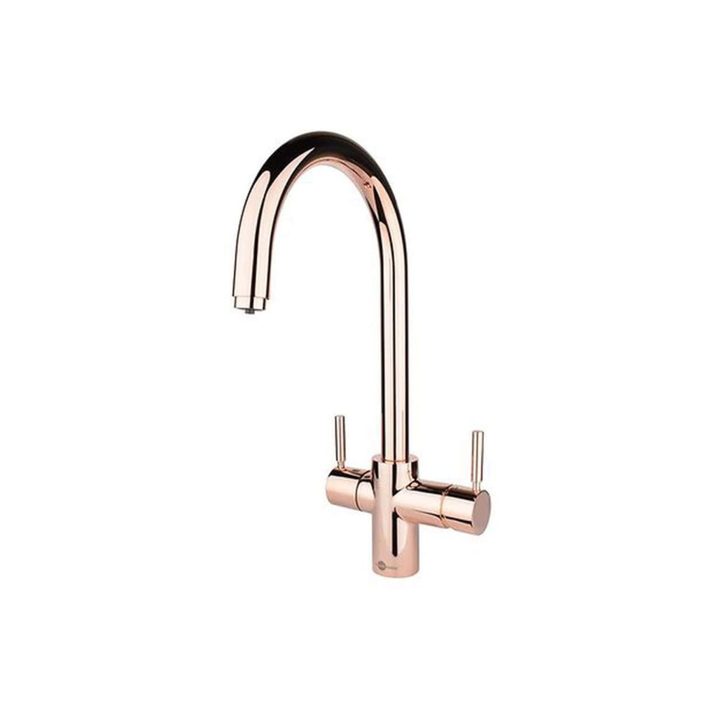 Sleek rose gold kitchen tap with high-arc spout and dual lever handles, perfect for modern kitchens and stylish bathroom upgrades. Durable, contemporary design from Bubly Bathrooms.
