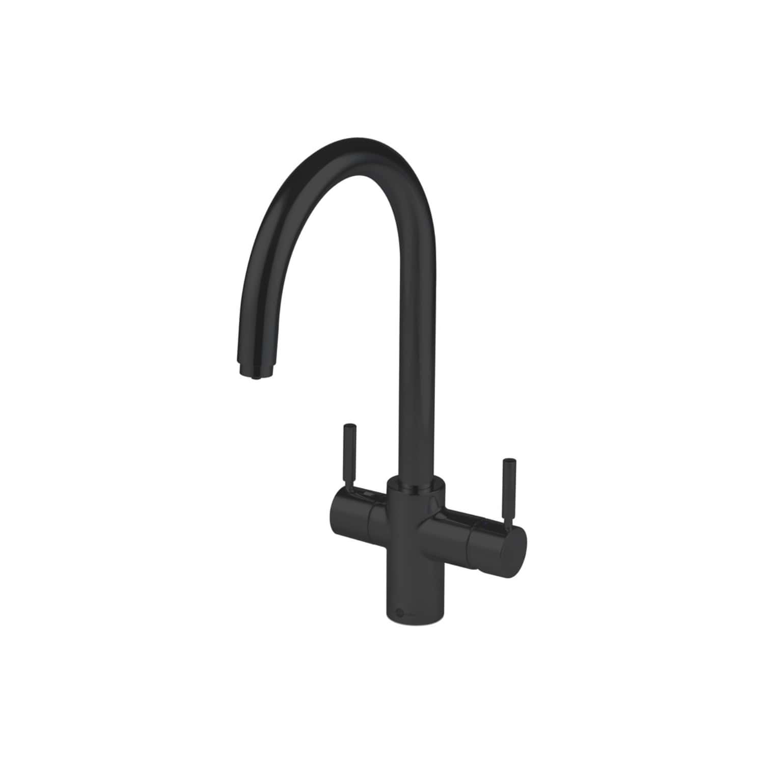 Sleek black kitchen tap with modern curved design, perfect for contemporary bathroom or kitchen renovation, featuring easy-to-use dual lever handles for hot and cold water control.