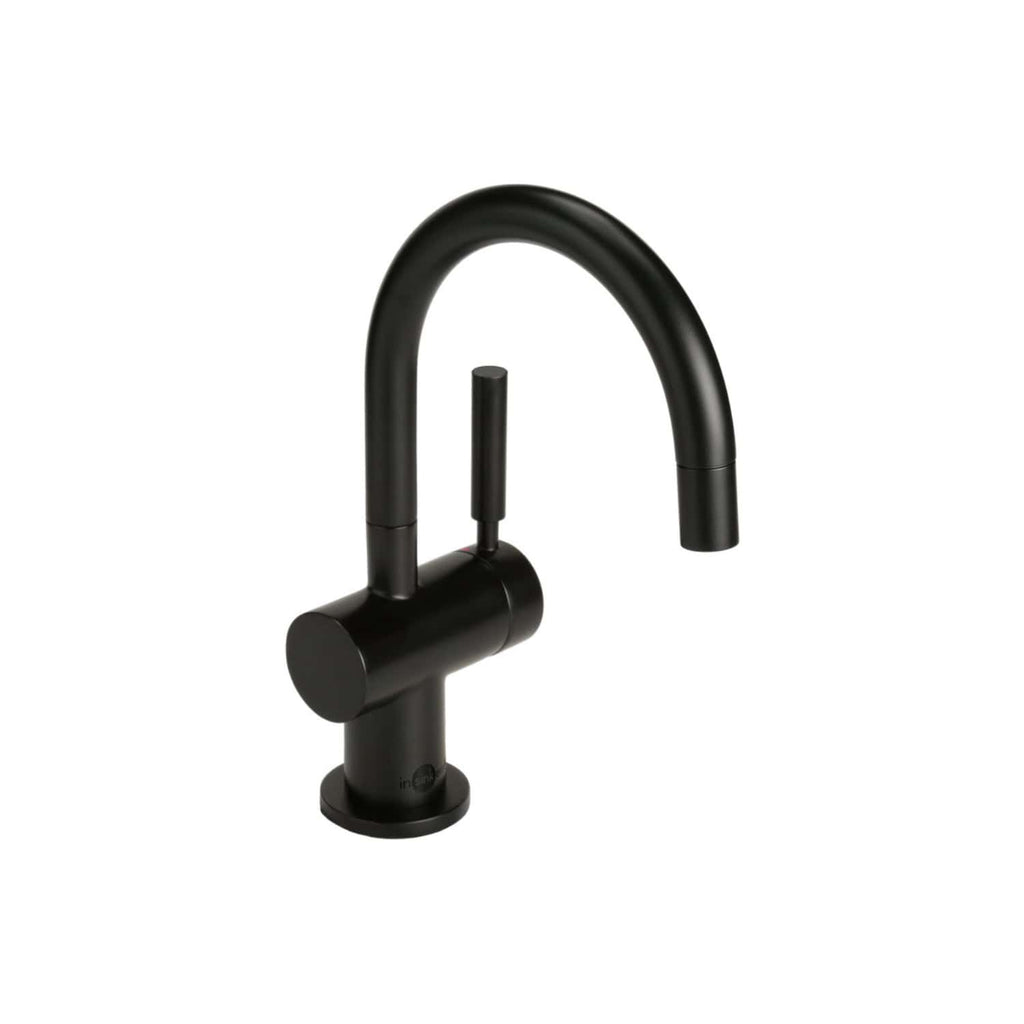 Sleek black kitchen or bathroom tap with curved spout and single lever handle, modern fixture designed for contemporary home interiors.