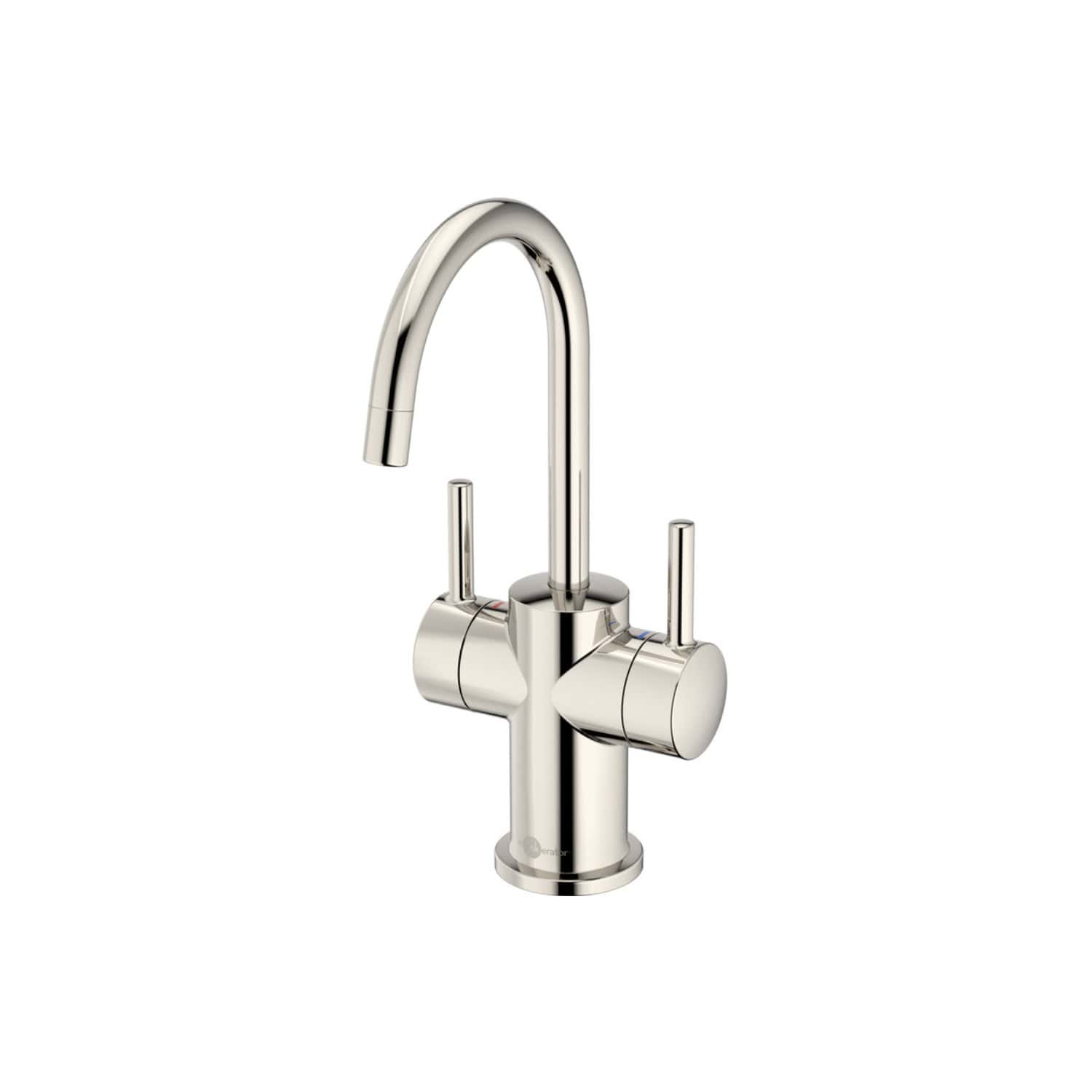 Sleek modern chrome kitchen or bathroom faucet with dual stay-open lever handles and high-arc spout, ideal for contemporary sinks.