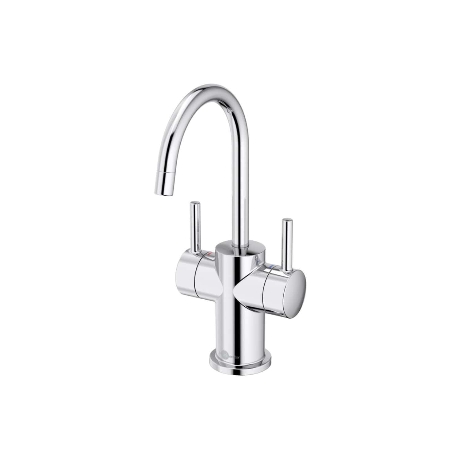 Sleek chrome kitchen or bathroom mixer tap with dual handles and high-arc spout for modern bathroom design.