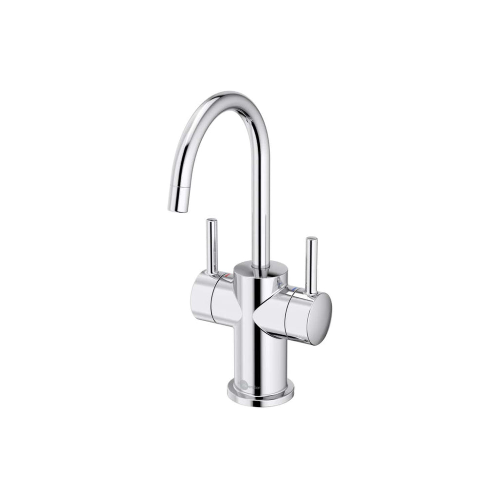 Sleek chrome kitchen or bathroom mixer tap with dual handles and high-arc spout for modern bathroom design.