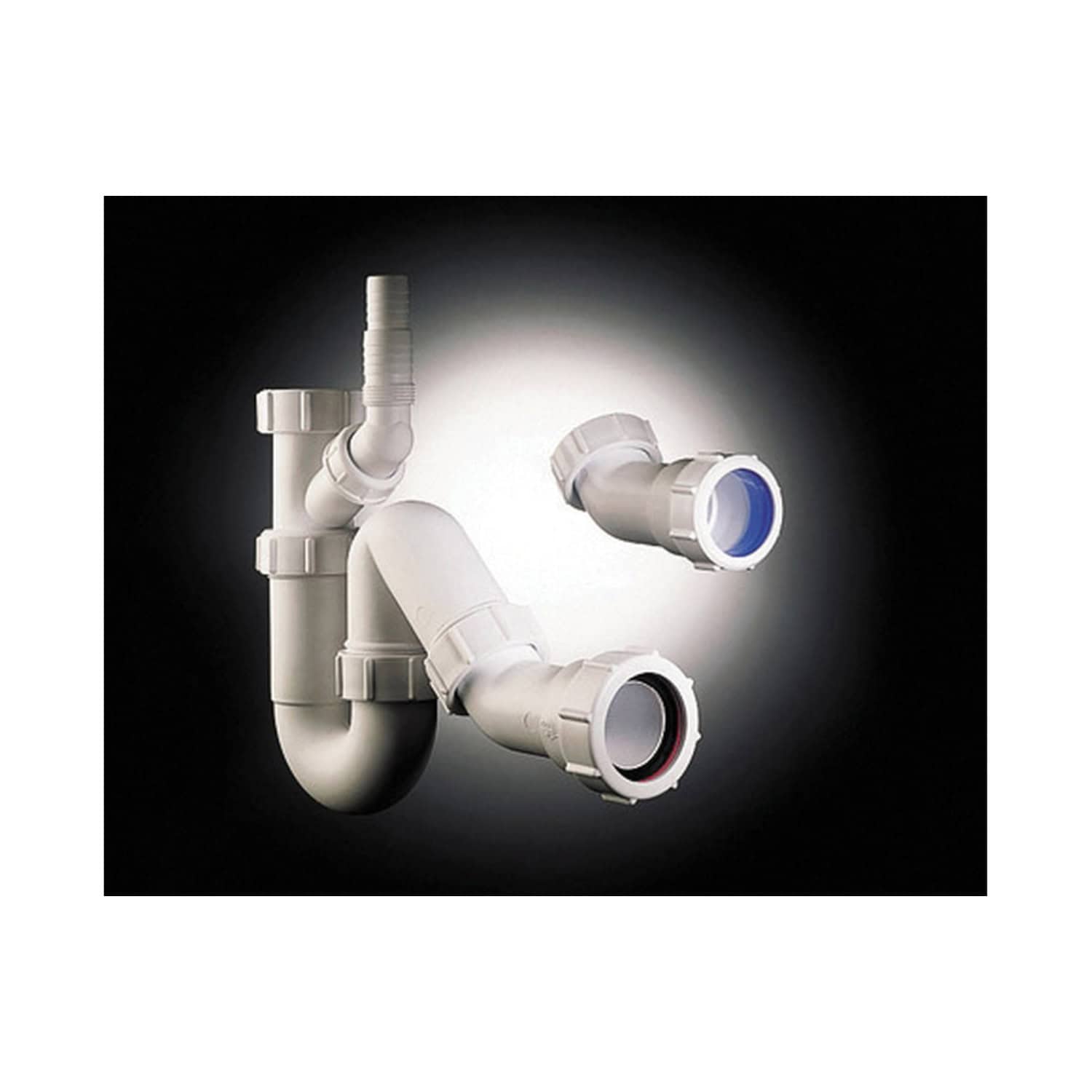 White PVC plumbing pipes with coloured seals for bathroom drain and waste systems, focusing on bathroom plumbing accessories and installation components.