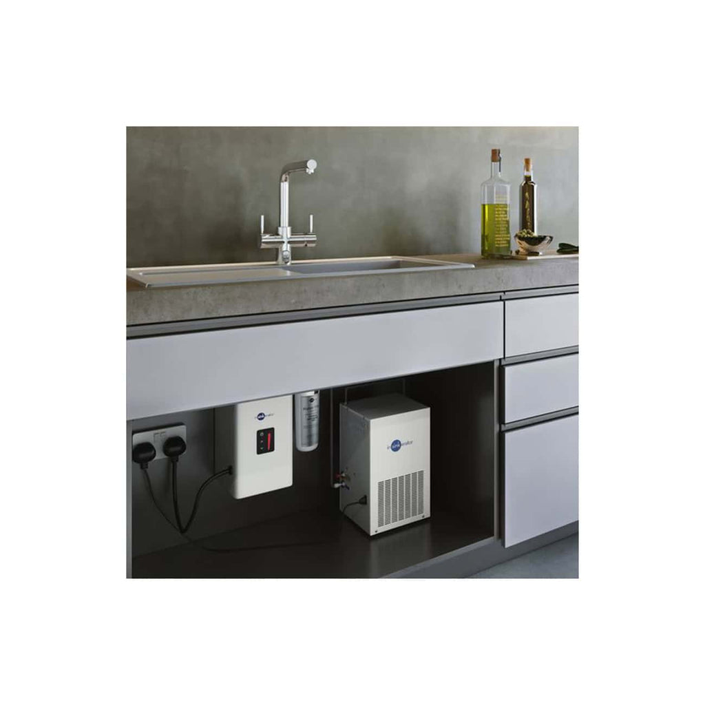 Air quality monitoring system installed under modern kitchen sink with faucet and countertop, ensuring clean, filtered water and optimal bathroom air quality, exemplifying advanced bathroom appliances and systems.