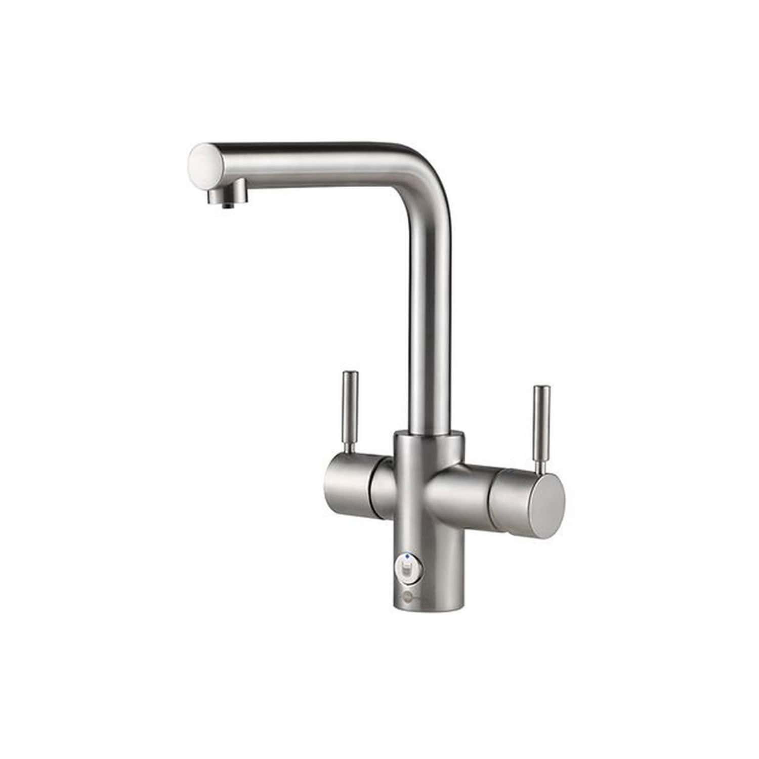 Sleek stainless steel kitchen tap with modern design, high-arc spout, and dual levers for precise water control, ideal for contemporary Bubly bathrooms and kitchens.