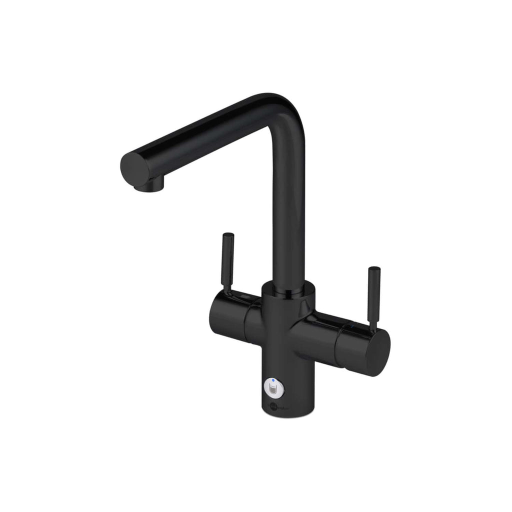 Modern black kitchen mixer tap with dual handles and pull-out spout, ideal for contemporary bathrooms and kitchens. Featuring sleek design and user-friendly controls for optimal functionality.
