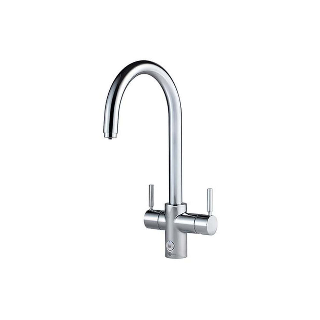Sleek modern chrome kitchen tap for contemporary bathroom or kitchen designs. Offers high functionality and stylish appearance with dual handles for easy water control.