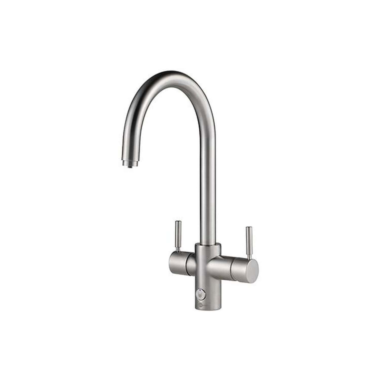 Sleek stainless steel kitchen tap with high arch design and dual handles for precise water control, perfect for modern Bubly Bathrooms.