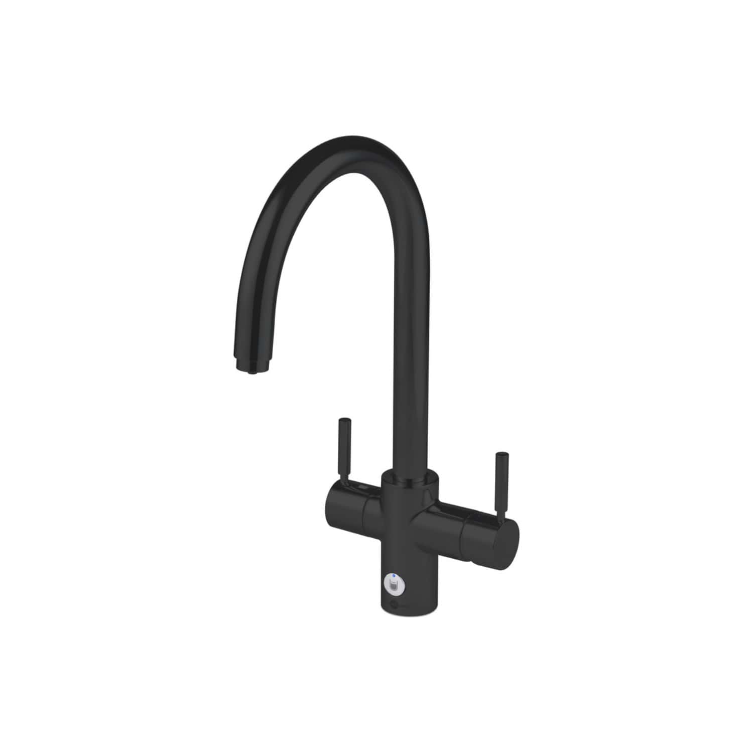 Black modern kitchen tap with a sleek curved spout, touch and lever controls, ideal for contemporary bathroom and kitchen renovation projects.