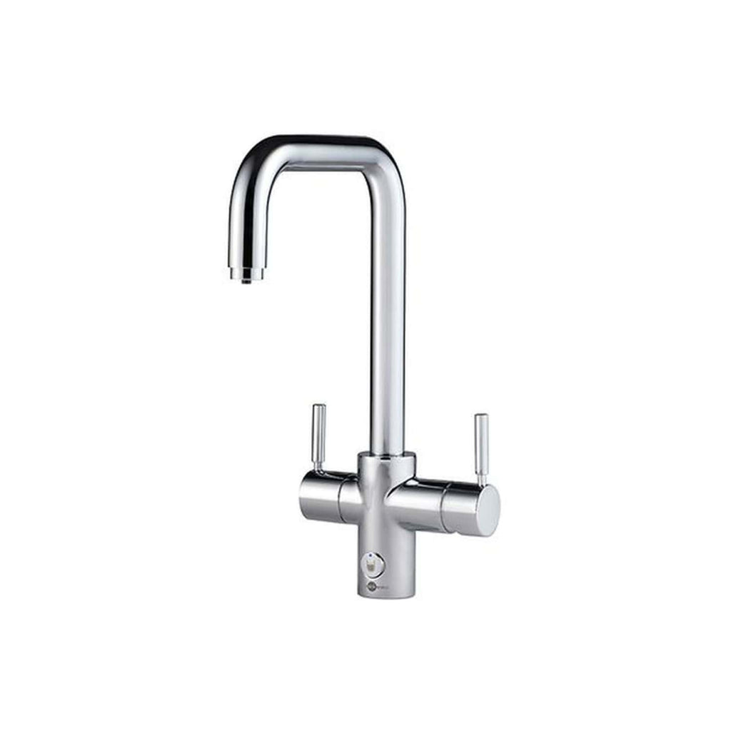 Sleek modern stainless steel kitchen tap with dual handles, suitable for contemporary bathroom or kitchen renovation projects.