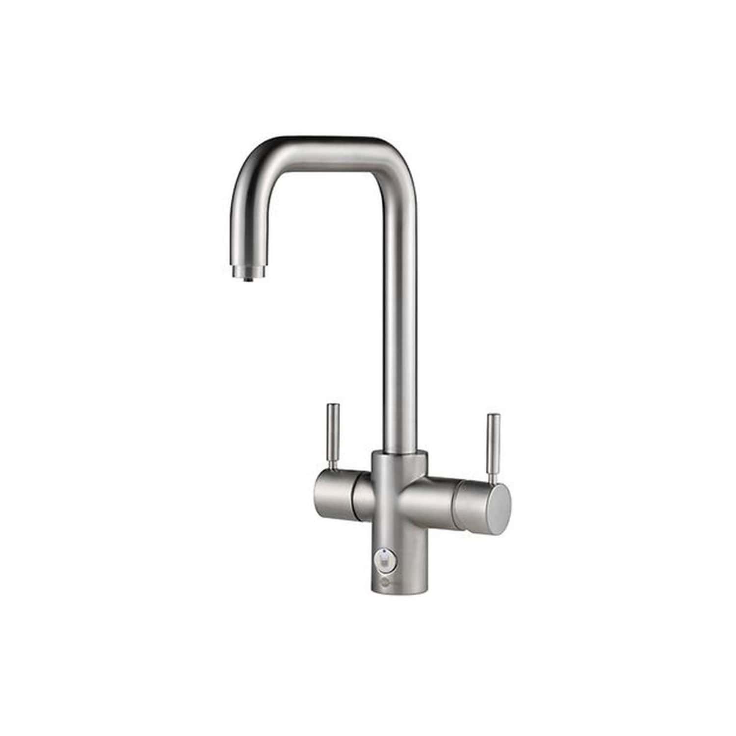 Sleek stainless steel kitchen tap with high-arc spout and dual handles, ideal for modern and functional bathroom or kitchen spaces. Perfect for creating a stylish, efficient water station.