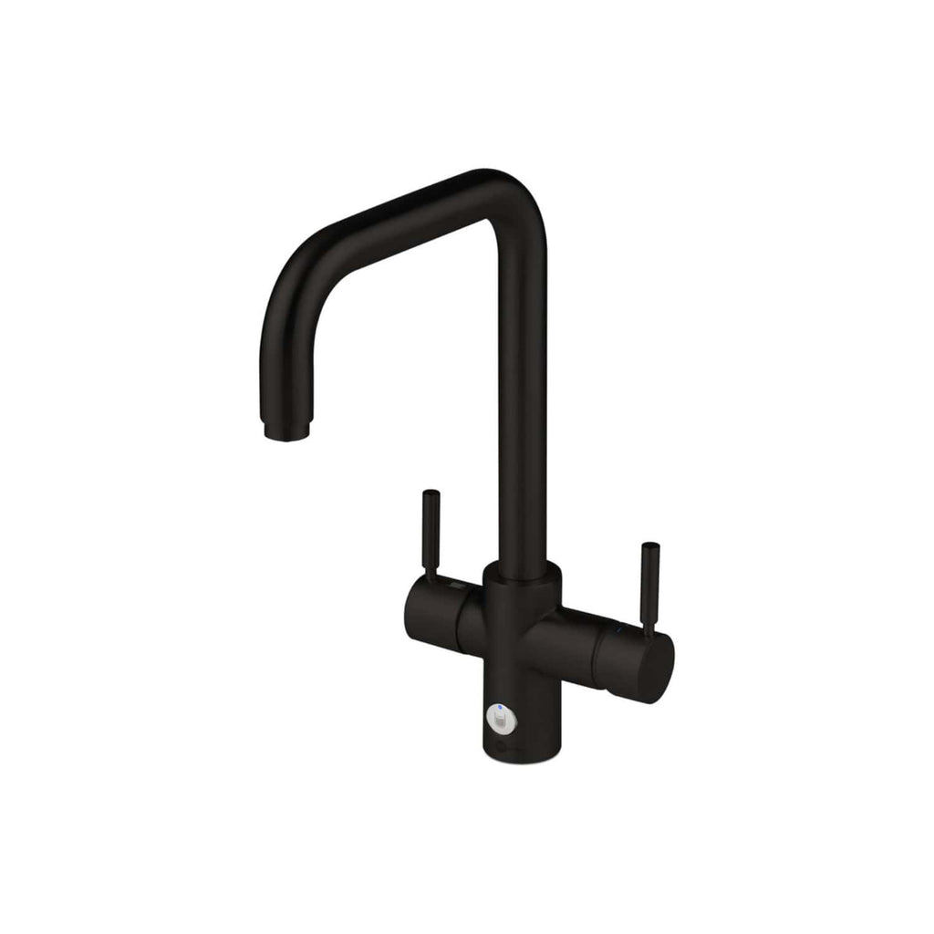 Satin black modern kitchen sink mixer tap with dual levers and pull-out spray head for contemporary bathroom and kitchen décor.