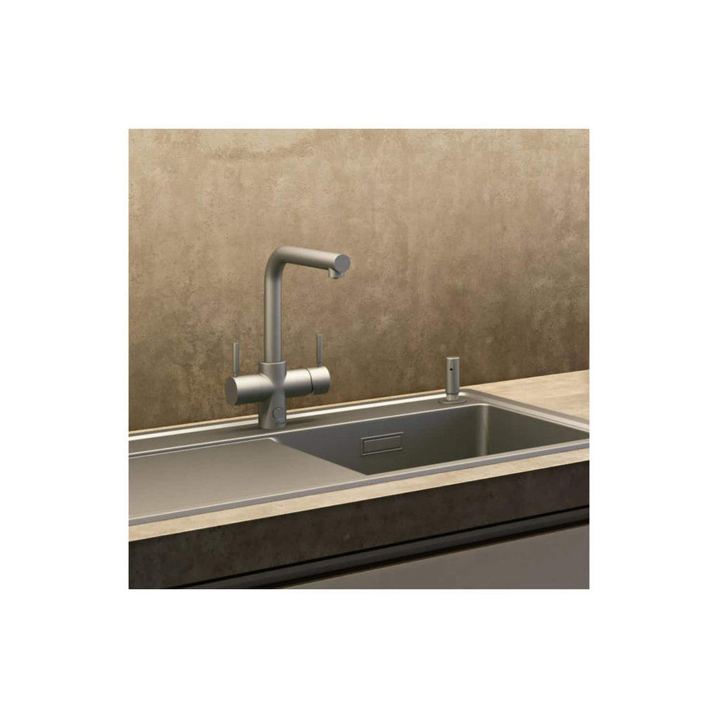 Modern stainless steel kitchen sink with high-arc faucet and integrated handles, set against a textured beige wall for a sleek, contemporary look, ideal for Bosch kitchen renovations.