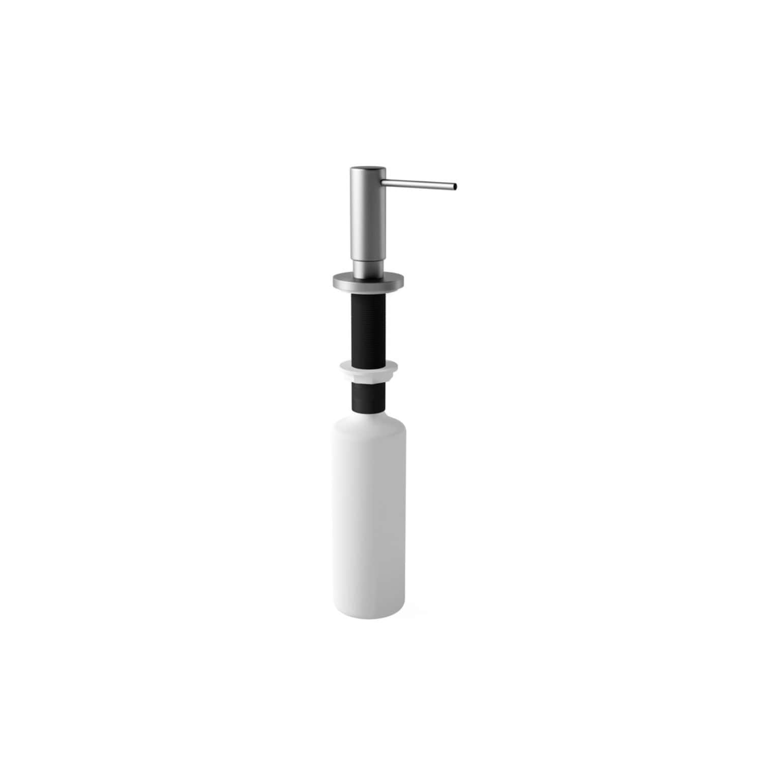 Sleek modern bathroom soap dispenser with stainless steel pump and black and white handle, designed for stylish and functional bathroom accessories.